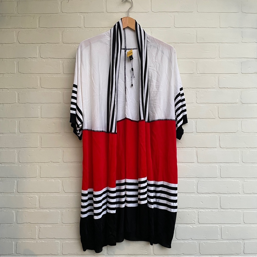 St John Red and Black Striped open front cardigan kimono